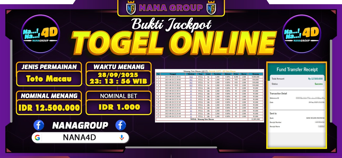 Bukti Kemenangan Besar Dibayar lunas Member NANA4D RP 12.500.000, 28 September 2025